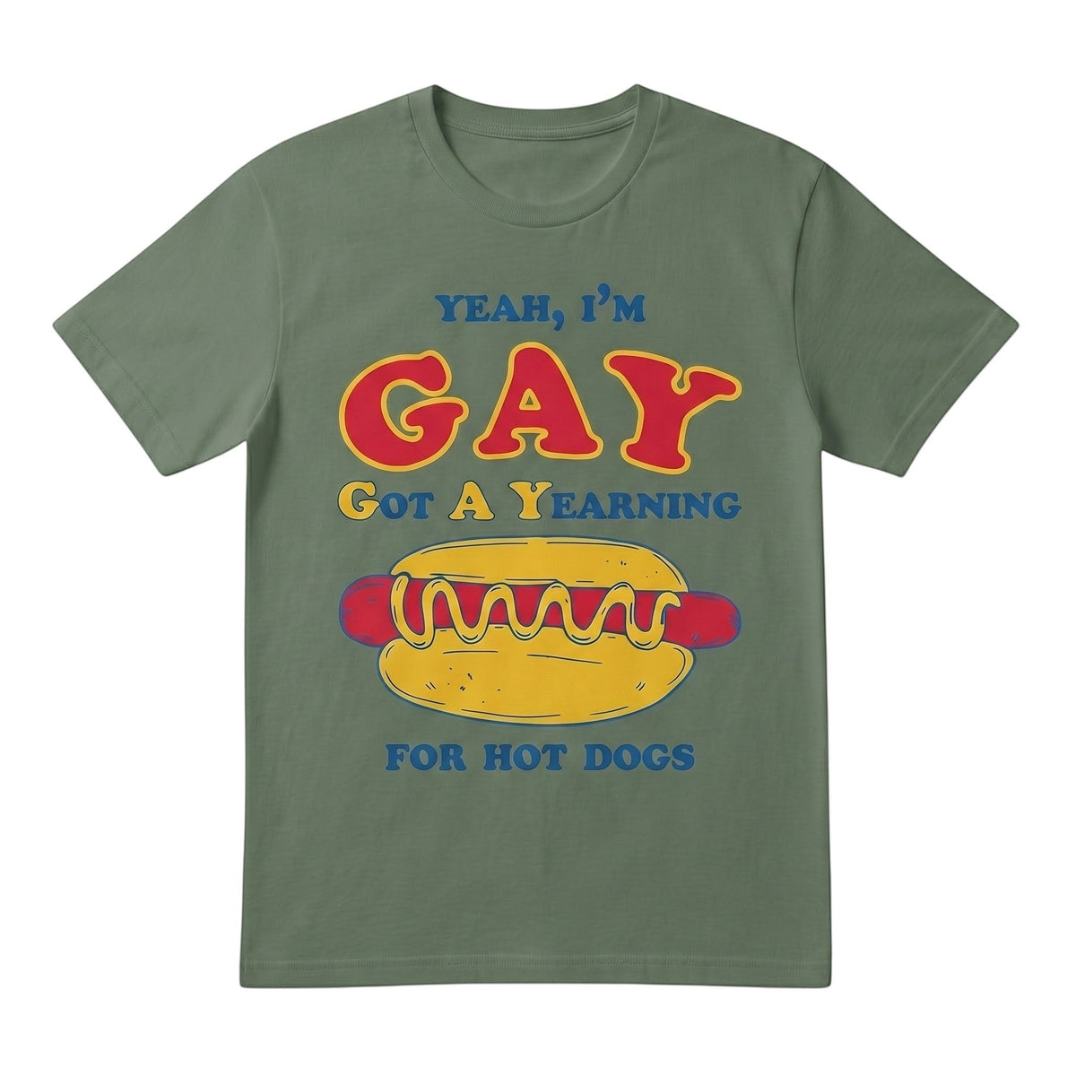  olive green cotton t-shirt with a humorous graphic print of a hot dog and funny text