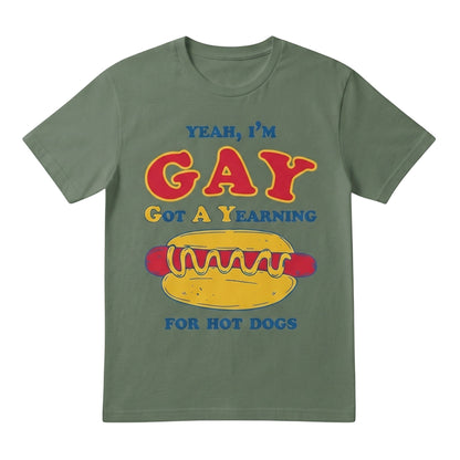  olive green cotton t-shirt with a humorous graphic print of a hot dog and funny text