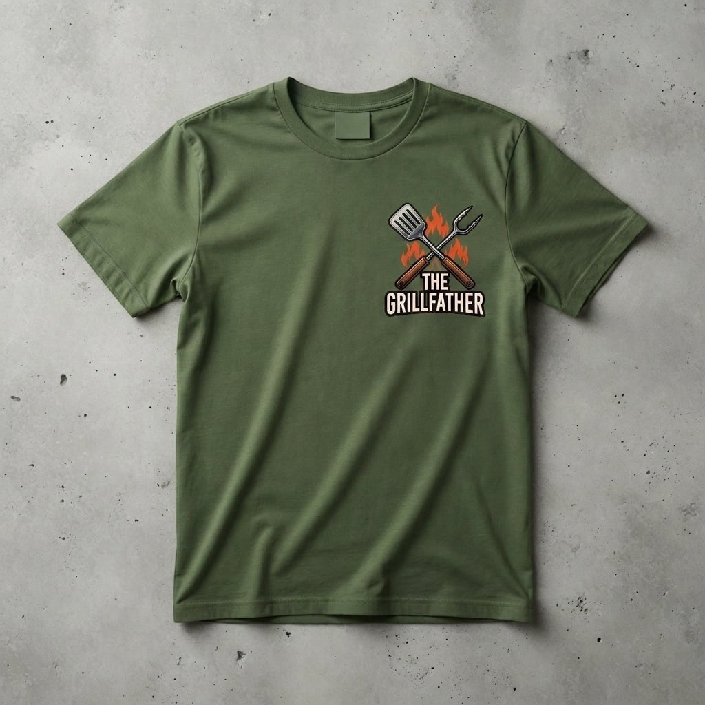  olive green cotton crew neck t-shirt featuring a Grillfather spatula and fork graphic on the chest.