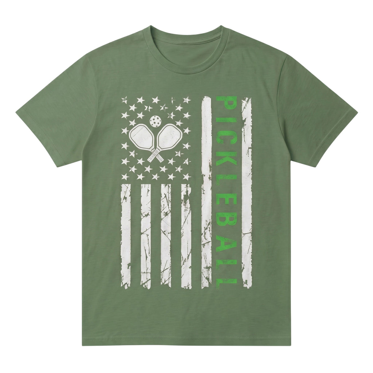  olive green unisex cotton pickleball t-shirt with a distressed American flag and paddle graphic.