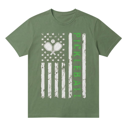  olive green unisex cotton pickleball t-shirt with a distressed American flag and paddle graphic.
