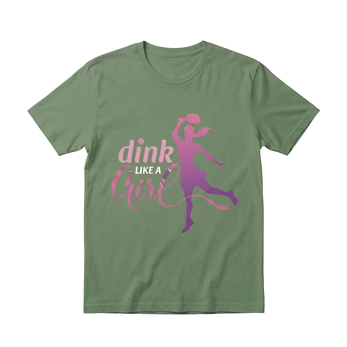  olive green cotton unisex t-shirt featuring a pink pickleball player graphic and Dink Like a Girl text
