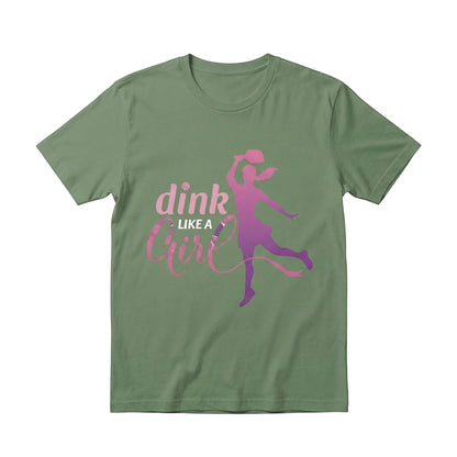  olive green cotton unisex t-shirt featuring a pink pickleball player graphic and Dink Like a Girl text