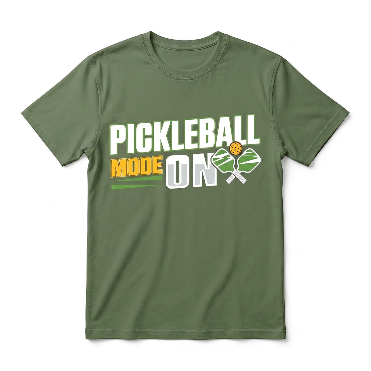  olive green unisex cotton t-shirt featuring a Pickleball Mode On graphic with paddles and ball.