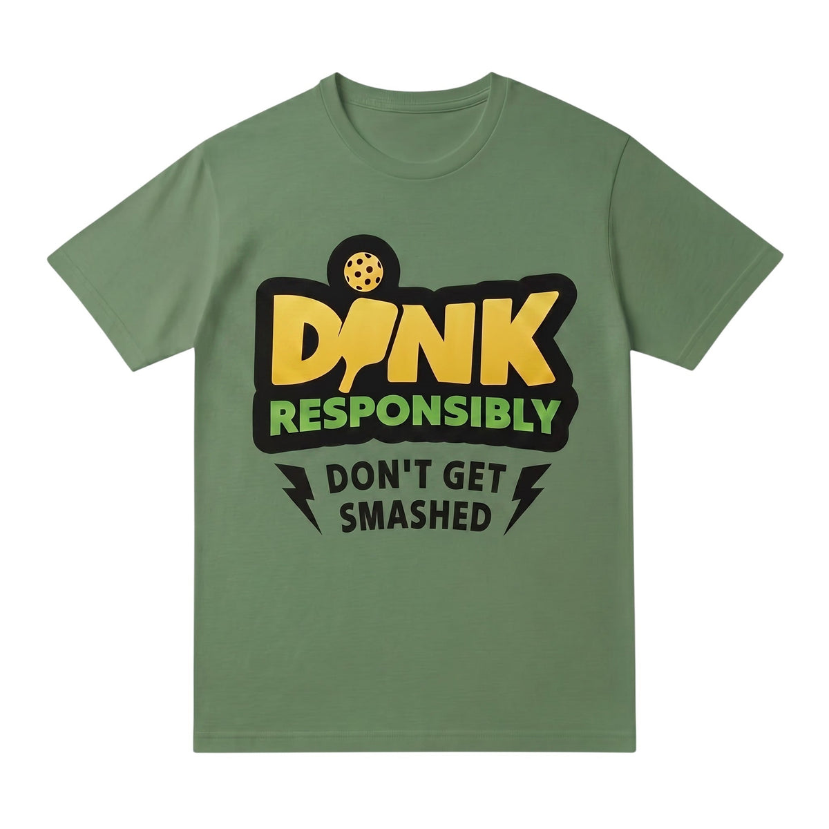  olive green unisex cotton t-shirt with DINK Responsibly pickleball graphic print