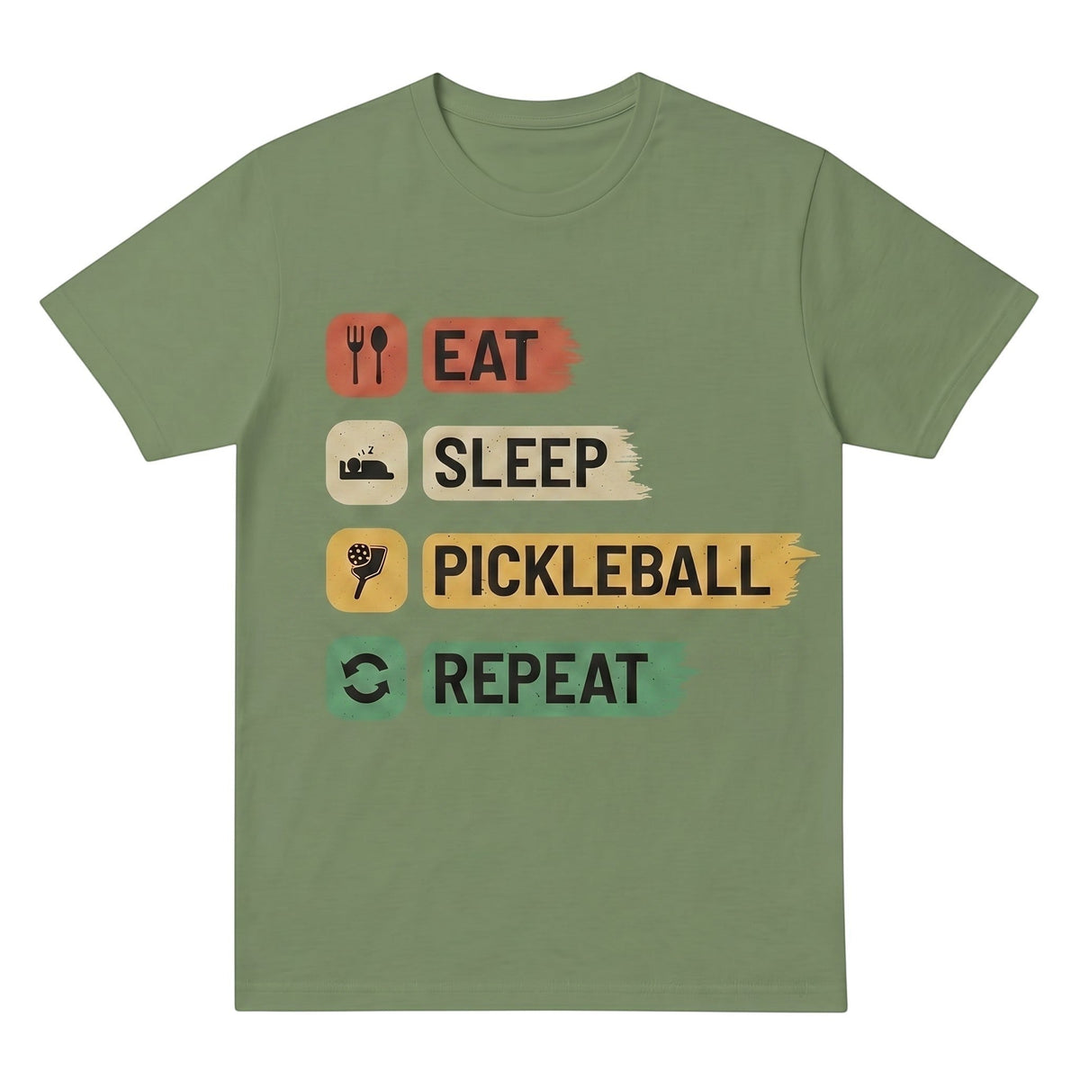  olive green unisex cotton t-shirt featuring an Eat Sleep Pickleball Repeat graphic design.