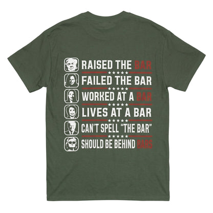  olive green 100% cotton t-shirt with Raised The Bar political graphic print on the back