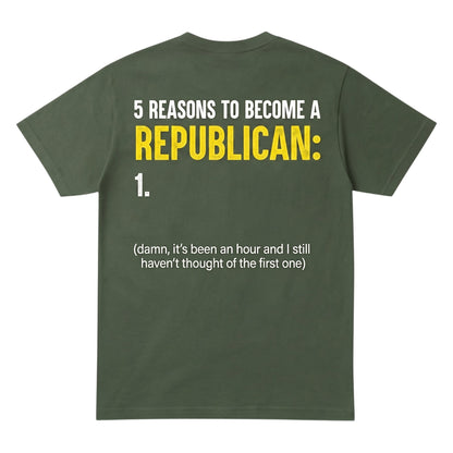  olive green cotton t-shirt with satirical political humor text printed on the back in white and yellow.