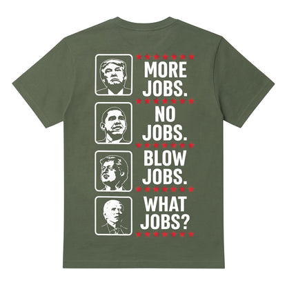  olive green cotton t-shirt with political satire graphic featuring portraits and humorous text.