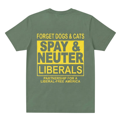  olive green cotton t-shirt with bold yellow and grey political satire text print on the back.