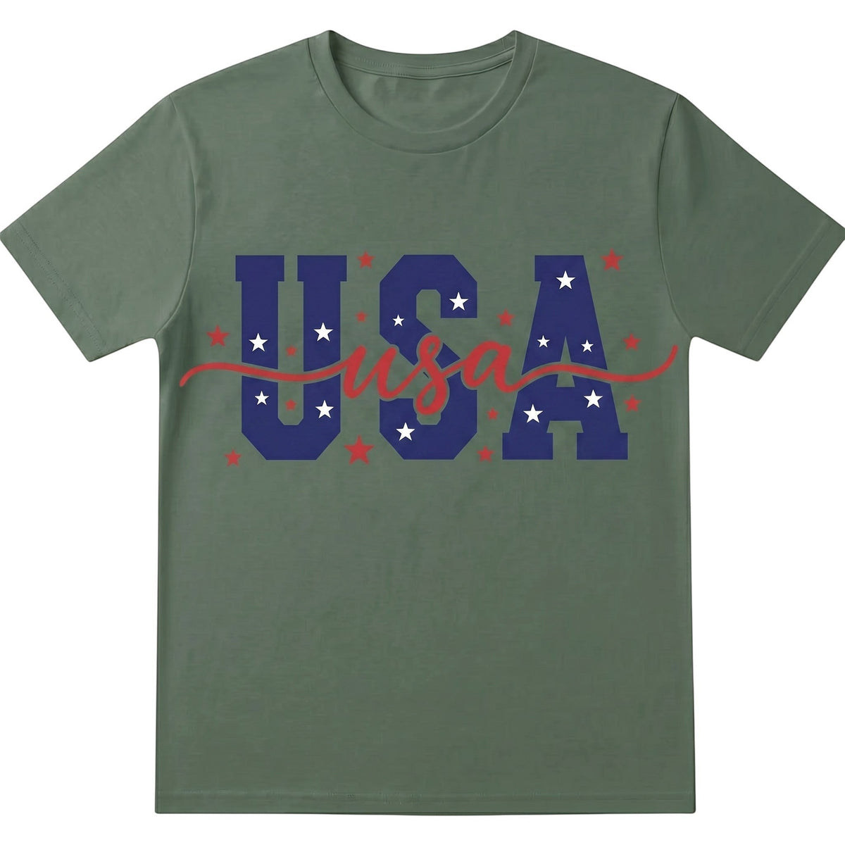 olive green unisex cotton t-shirt featuring a blue USA graphic with white stars and red script accent.