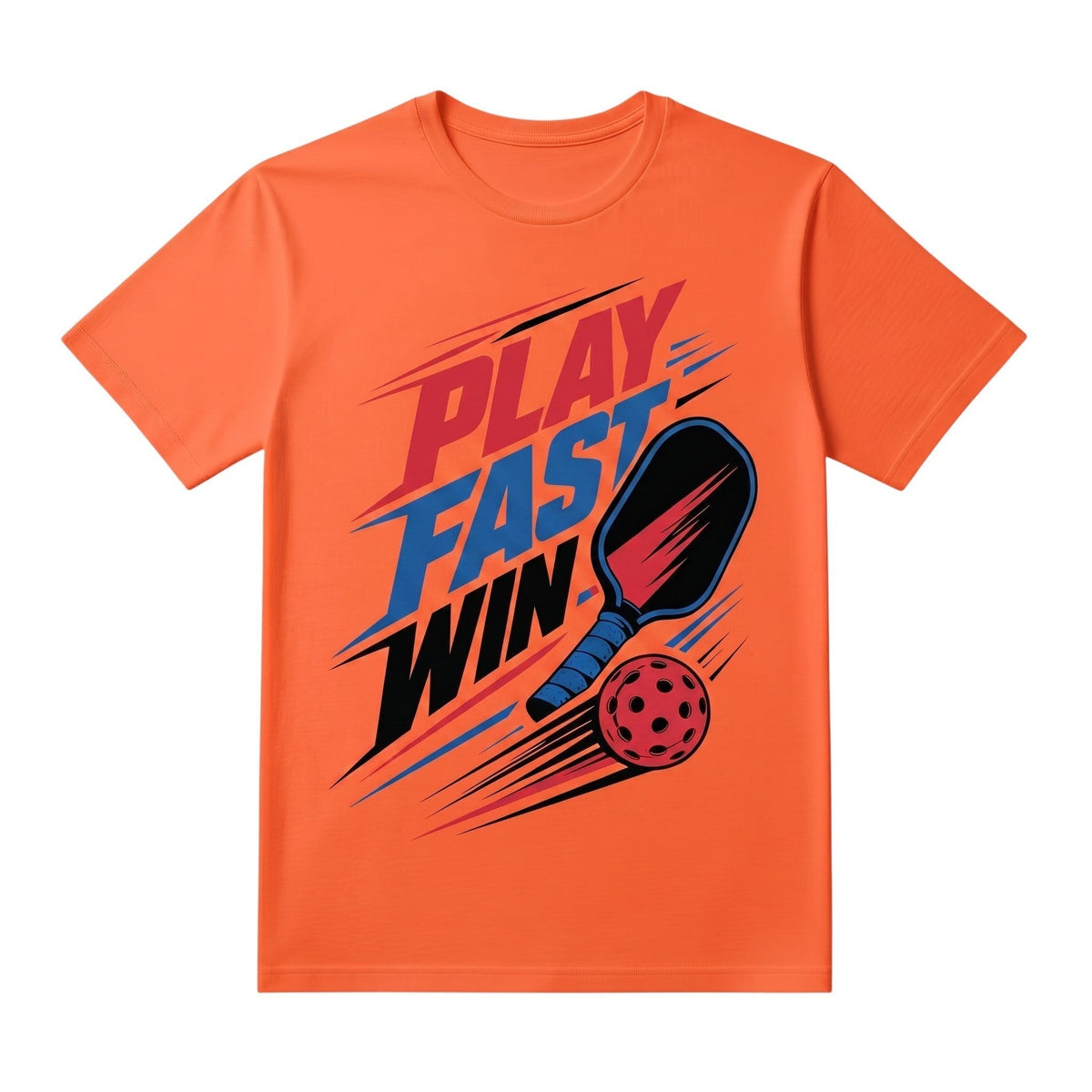  orange short sleeve cotton t-shirt featuring a Play Fast Win pickleball graphic print.