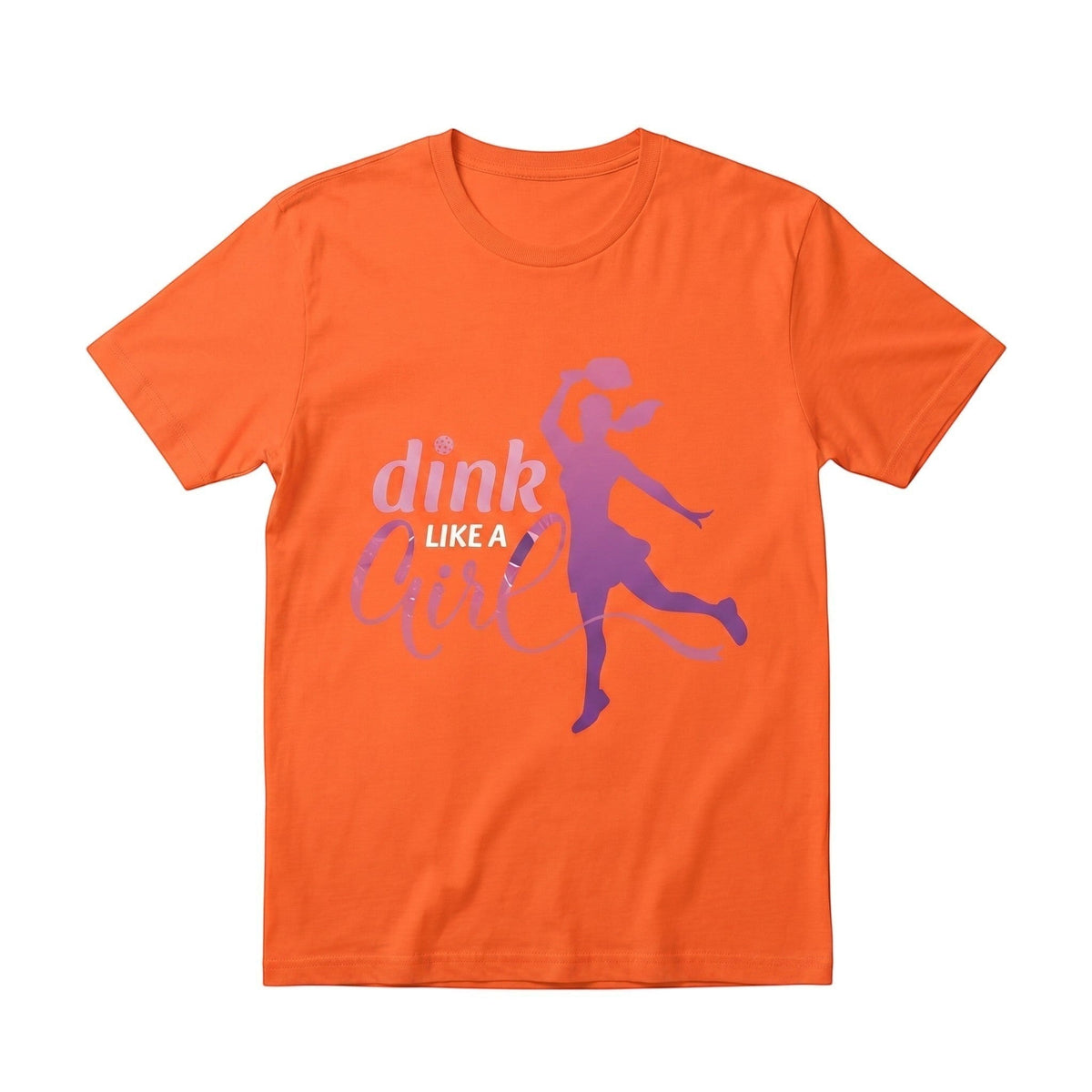  orange short sleeve cotton tee with purple silhouette graphic of a woman playing pickleball