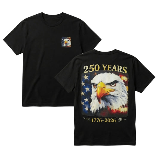  black cotton patriotic t-shirt with eagle and distressed American flag print on front and back