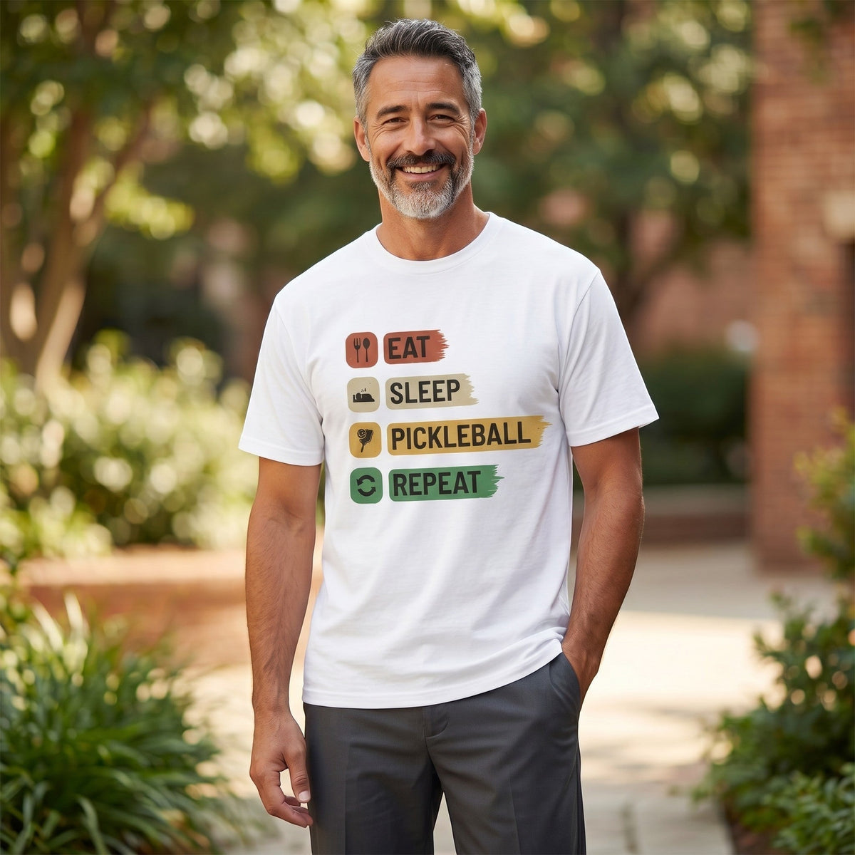  white cotton unisex t-shirt with Eat Sleep Pickleball Repeat graphic print worn by a smiling man