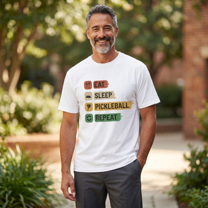  white cotton unisex t-shirt with Eat Sleep Pickleball Repeat graphic print worn by a smiling man