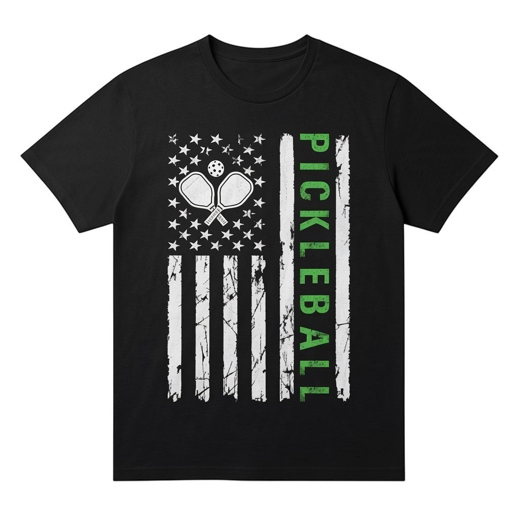  black unisex cotton t-shirt featuring a distressed American flag design with pickleball paddles.