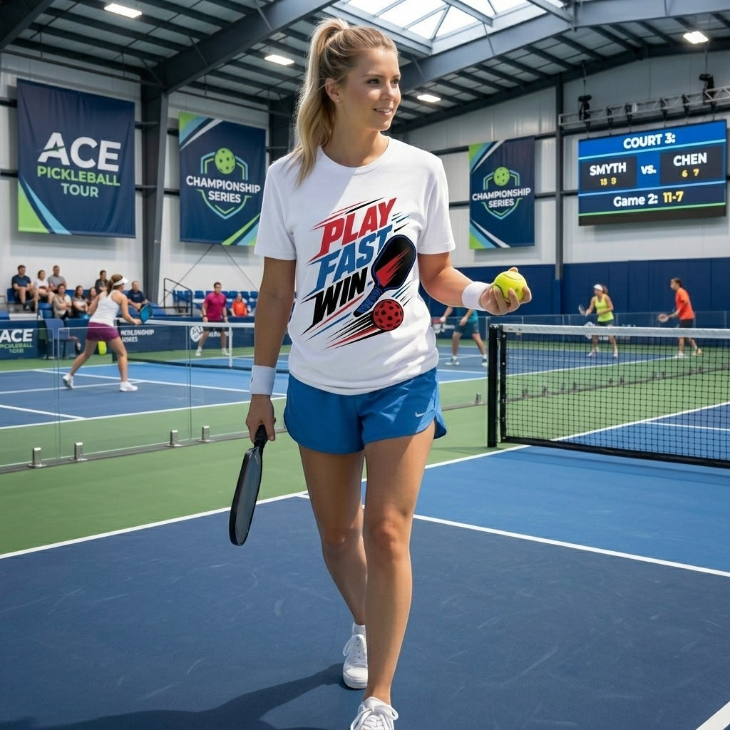  white cotton t-shirt with Play Fast Win pickleball graphic worn by a woman on a pickleball court