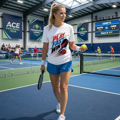 white cotton t-shirt with Play Fast Win pickleball graphic worn by a woman on a pickleball court
