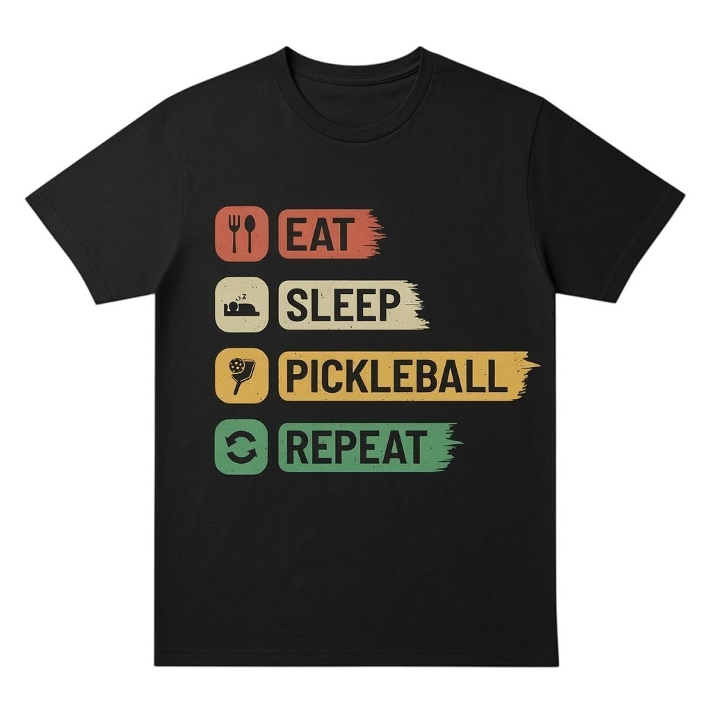  black cotton unisex t-shirt featuring a vintage-style Eat Sleep Pickleball Repeat graphic print.