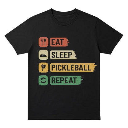  black cotton unisex t-shirt featuring a vintage-style Eat Sleep Pickleball Repeat graphic print.