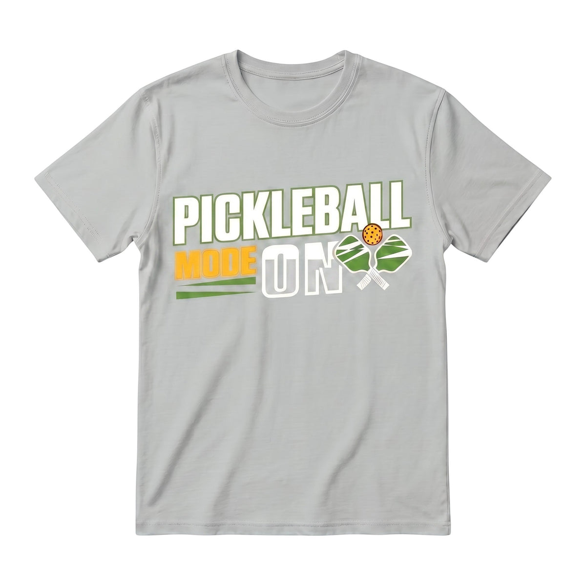  light grey unisex cotton t-shirt with Pickleball Mode On graphic print and pickleball paddles