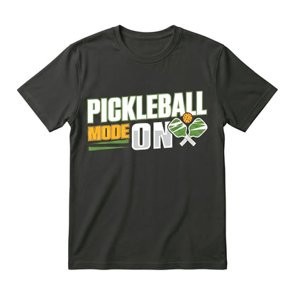  black unisex cotton t-shirt featuring a Pickleball Mode On graphic with paddles and a ball.