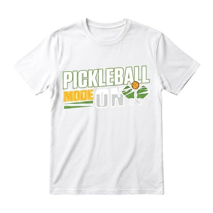  white unisex cotton t-shirt featuring a green and yellow Pickleball Mode On graphic print.