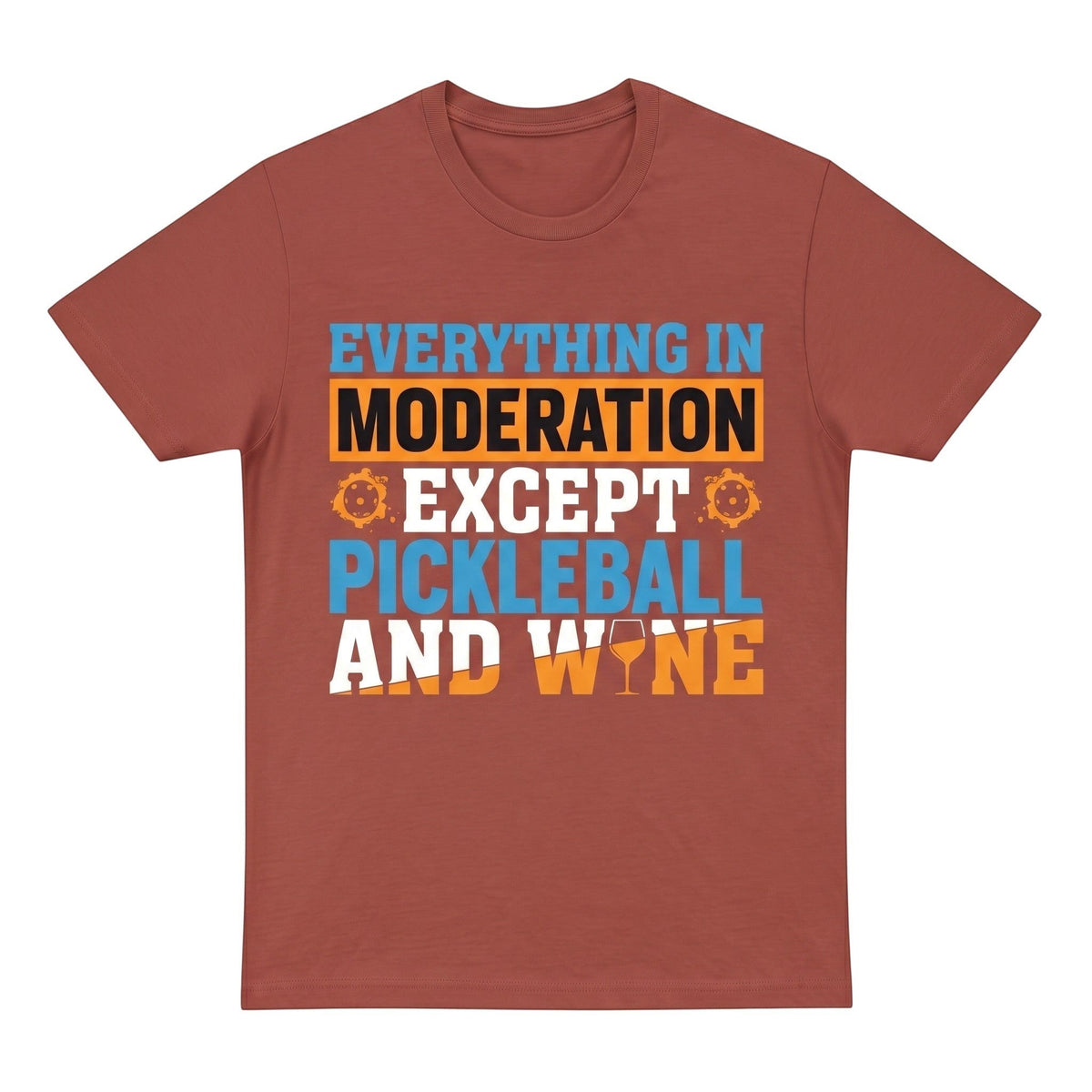  unisex cotton t-shirt in rust red with a blue and orange Pickleball and wine graphic print.