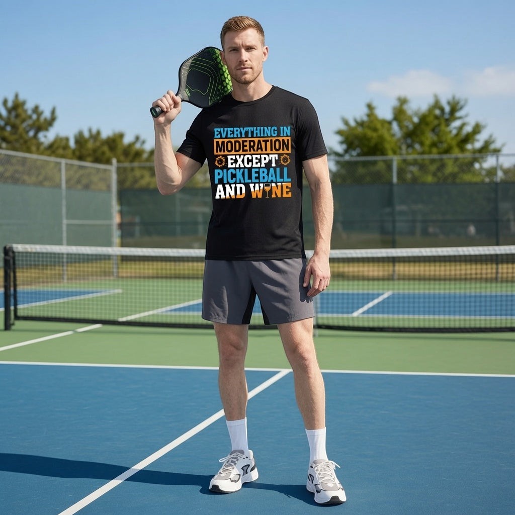  black cotton t-shirt with Pickleball and wine graphic on a man standing on a pickleball court