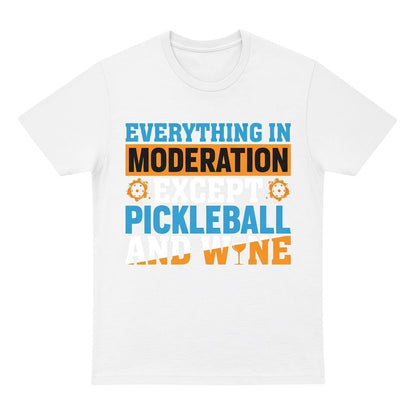  white cotton unisex t-shirt featuring a blue and orange Pickleball and wine graphic print.