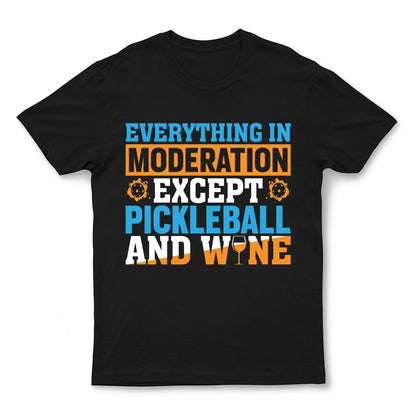  black unisex cotton t-shirt featuring a colourful Pickleball and wine themed graphic print.