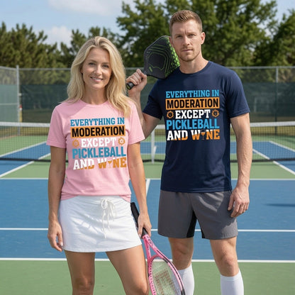  unisex cotton t-shirts with Pickleball and wine graphic on a pickleball court with a man and woman.