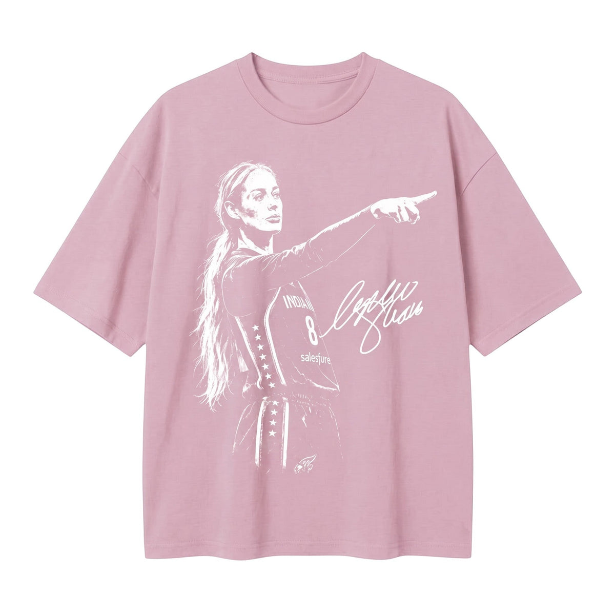  light pink oversized t-shirt featuring a white graphic print of a female basketball player pointing.