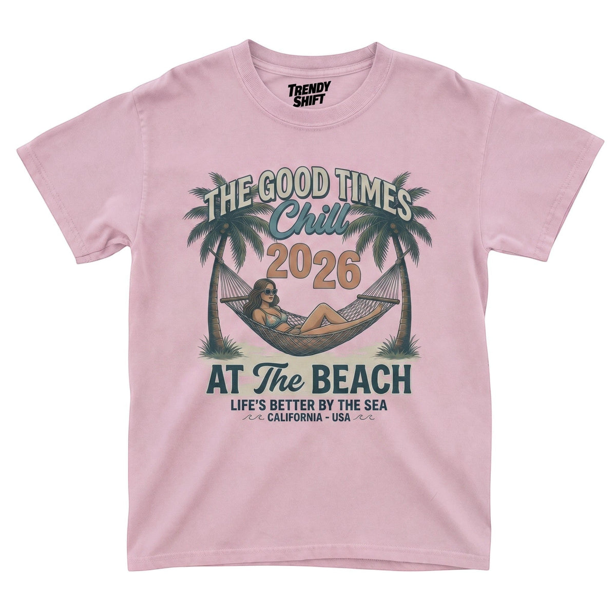  light pink graphic t-shirt featuring a retro beach hammock scene with palm trees and summer text.