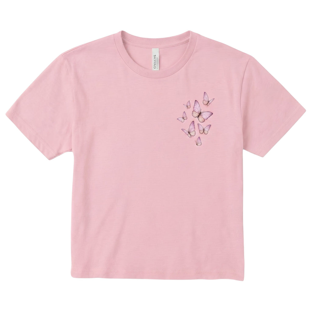  light pink cropped crewneck t-shirt with a delicate butterfly graphic on the chest.