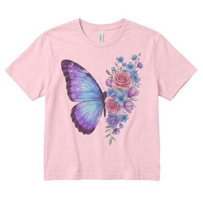  light pink micro rib baby tee featuring a pastel butterfly and floral rose design for a cottagecore look.
