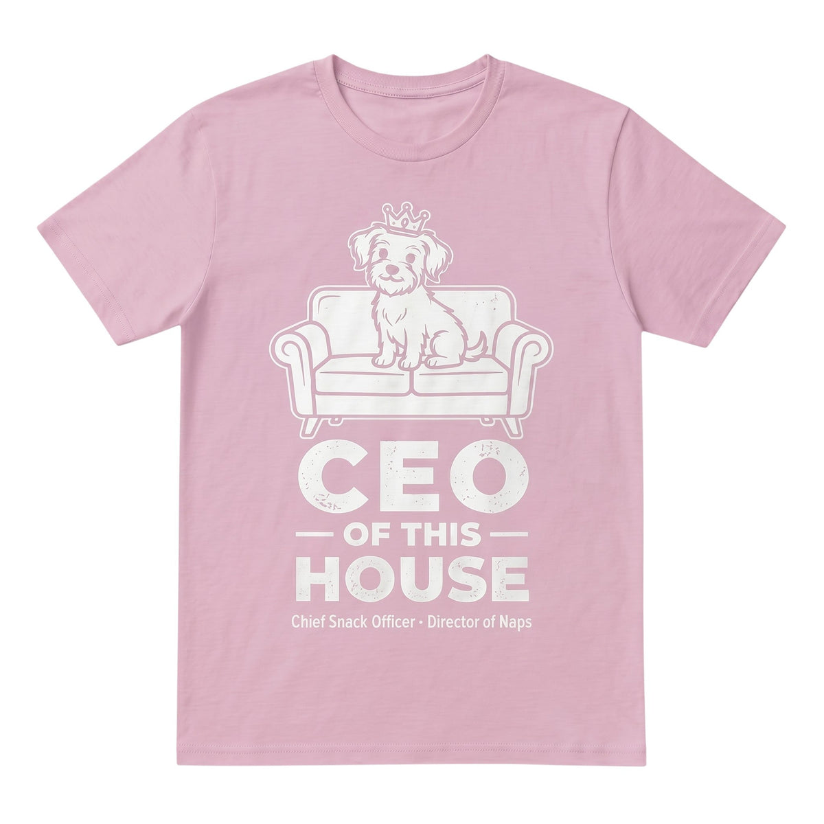  light pink unisex cotton t-shirt featuring a dog on a couch graphic with CEO of this House text.