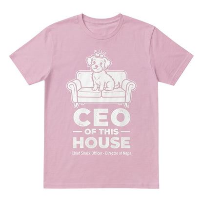  light pink unisex cotton t-shirt featuring a dog on a couch graphic with CEO of this House text.