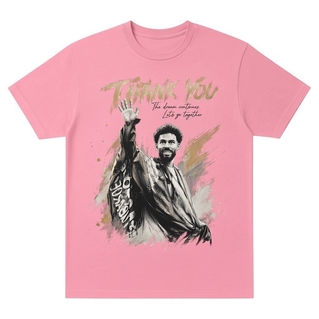  pink oversized cotton t-shirt featuring a goalkeeper farewell graphic and Thank You text print.