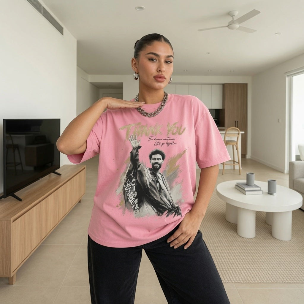  pink oversized cotton tribute t-shirt featuring a goalkeeper farewell graphic and Thank You text