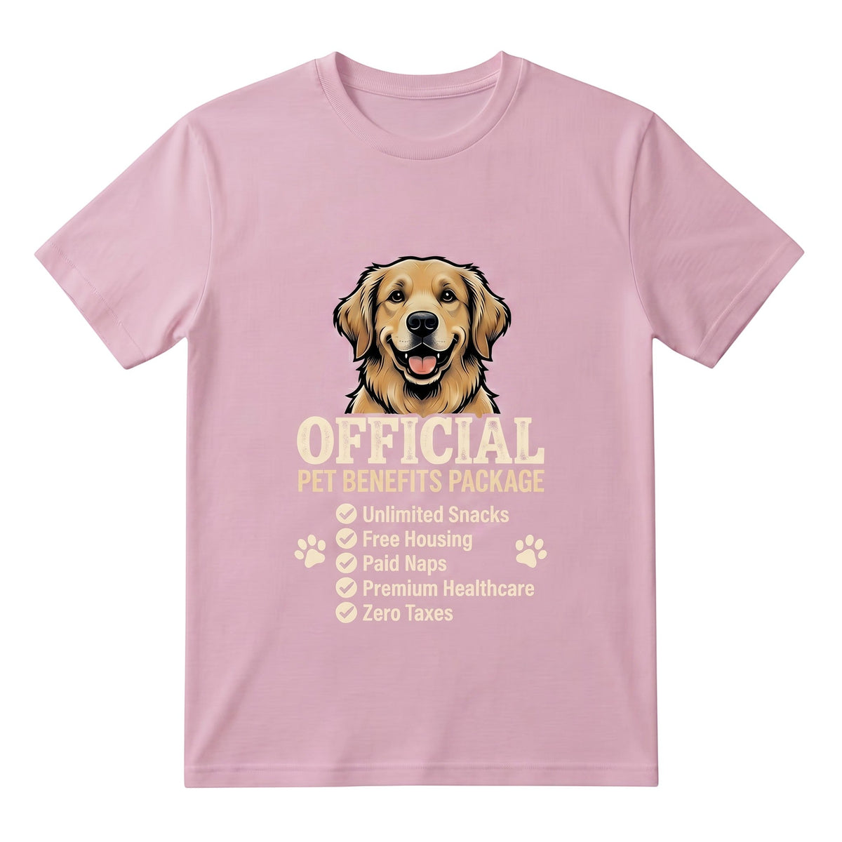  light pink cotton t-shirt featuring a golden retriever and Official Pet Benefits Package graphic.