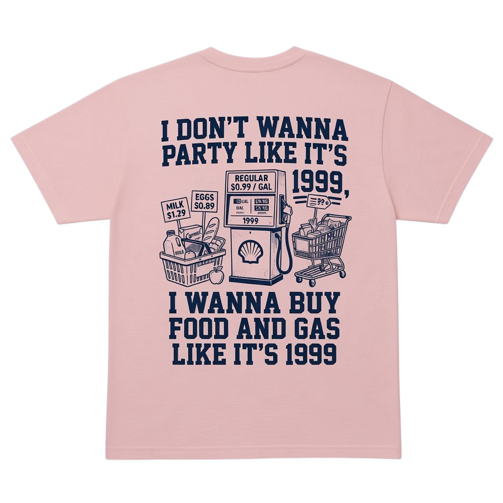 light pink graphic t-shirt featuring 1999 grocery and gas price print on the back