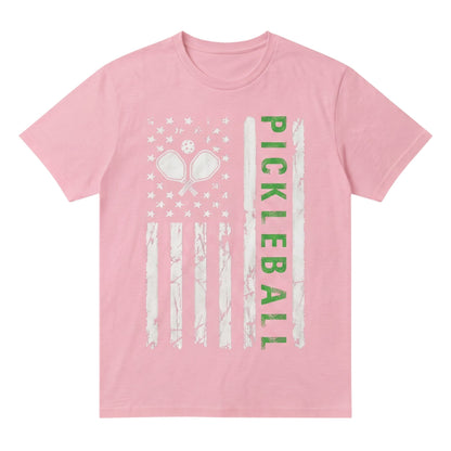  light pink unisex cotton t-shirt featuring a distressed American flag and pickleball graphic.
