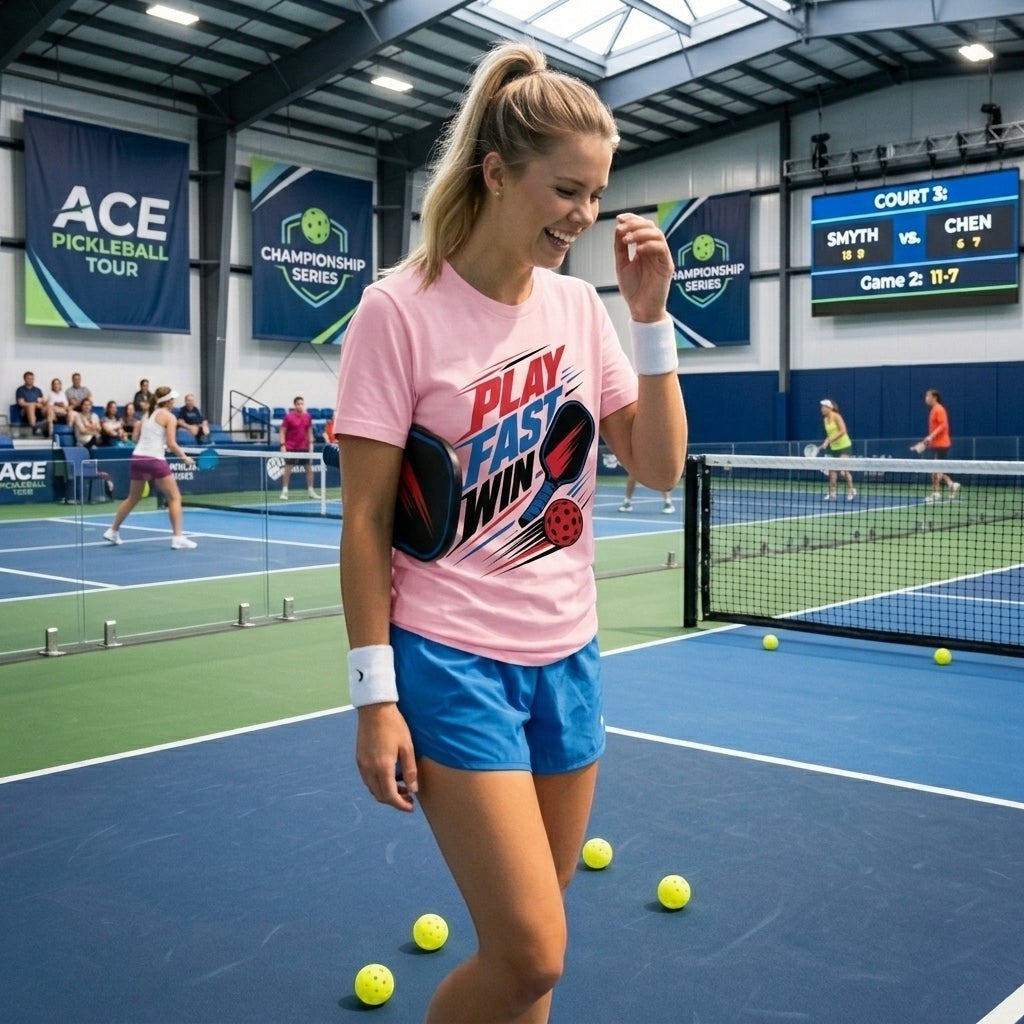  pink cotton pickleball t-shirt with Play Fast Win graphic worn by a woman on an indoor court.
