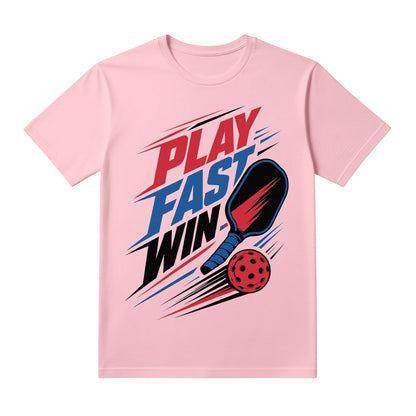  light pink unisex cotton t-shirt with Play Fast Win pickleball graphic and paddle design