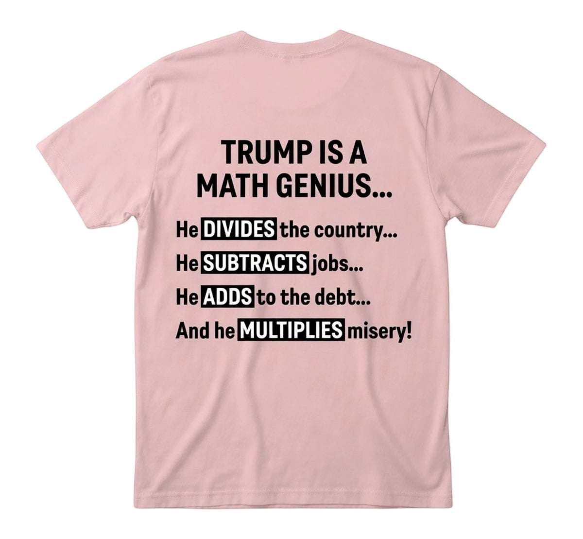  light pink unisex t-shirt with black text about political math on the back
