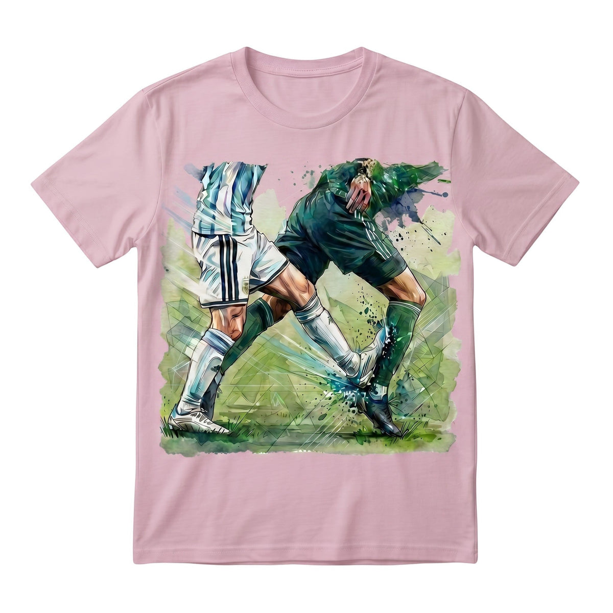  light pink cotton t-shirt featuring a dynamic watercolor soccer duel graphic print.