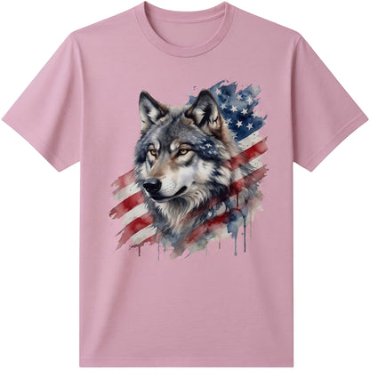  pink t-shirt featuring a watercolor wolf and American flag graphic design.