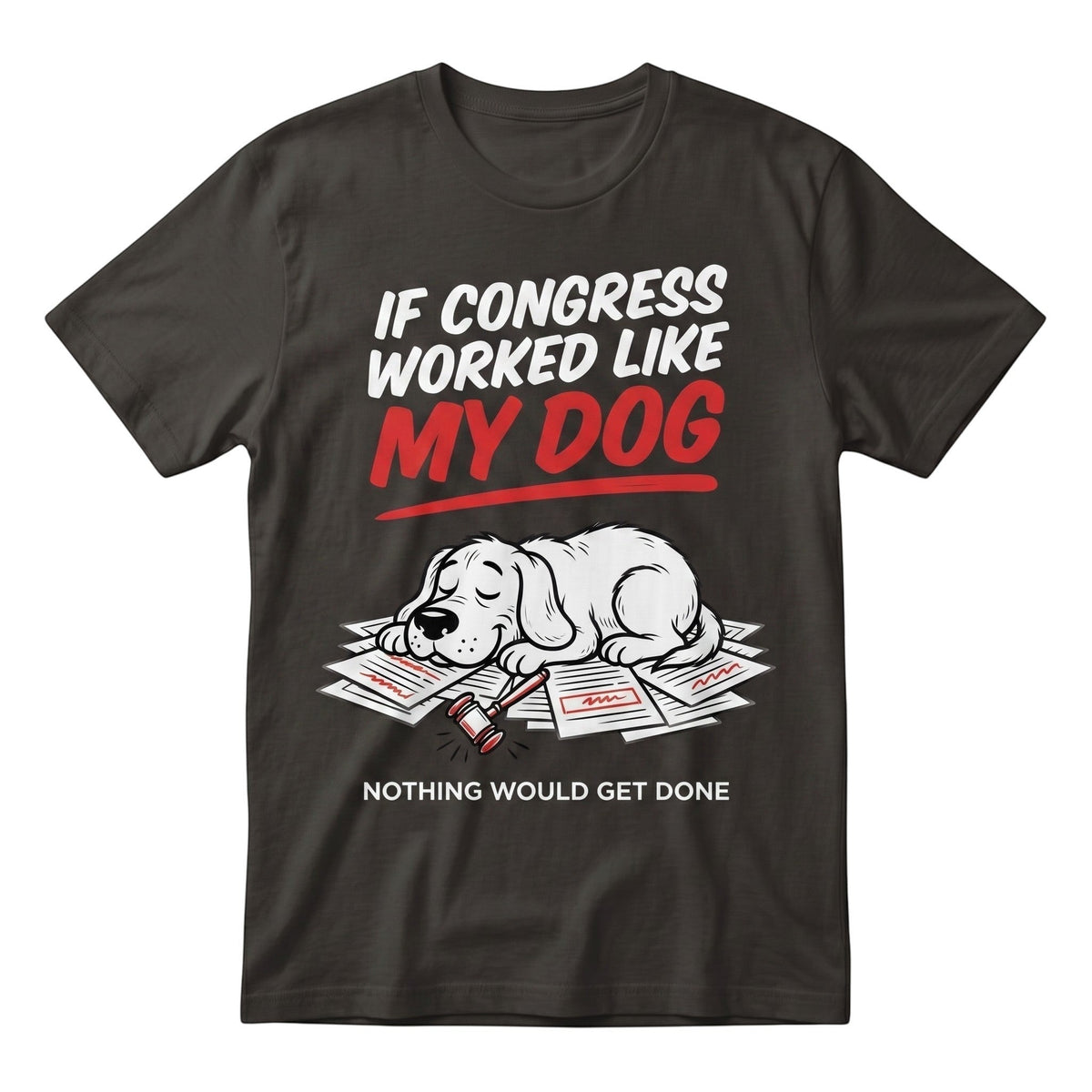  charcoal grey heavy cotton t-shirt with a funny political satire graphic of a sleeping dog on paperwork.
